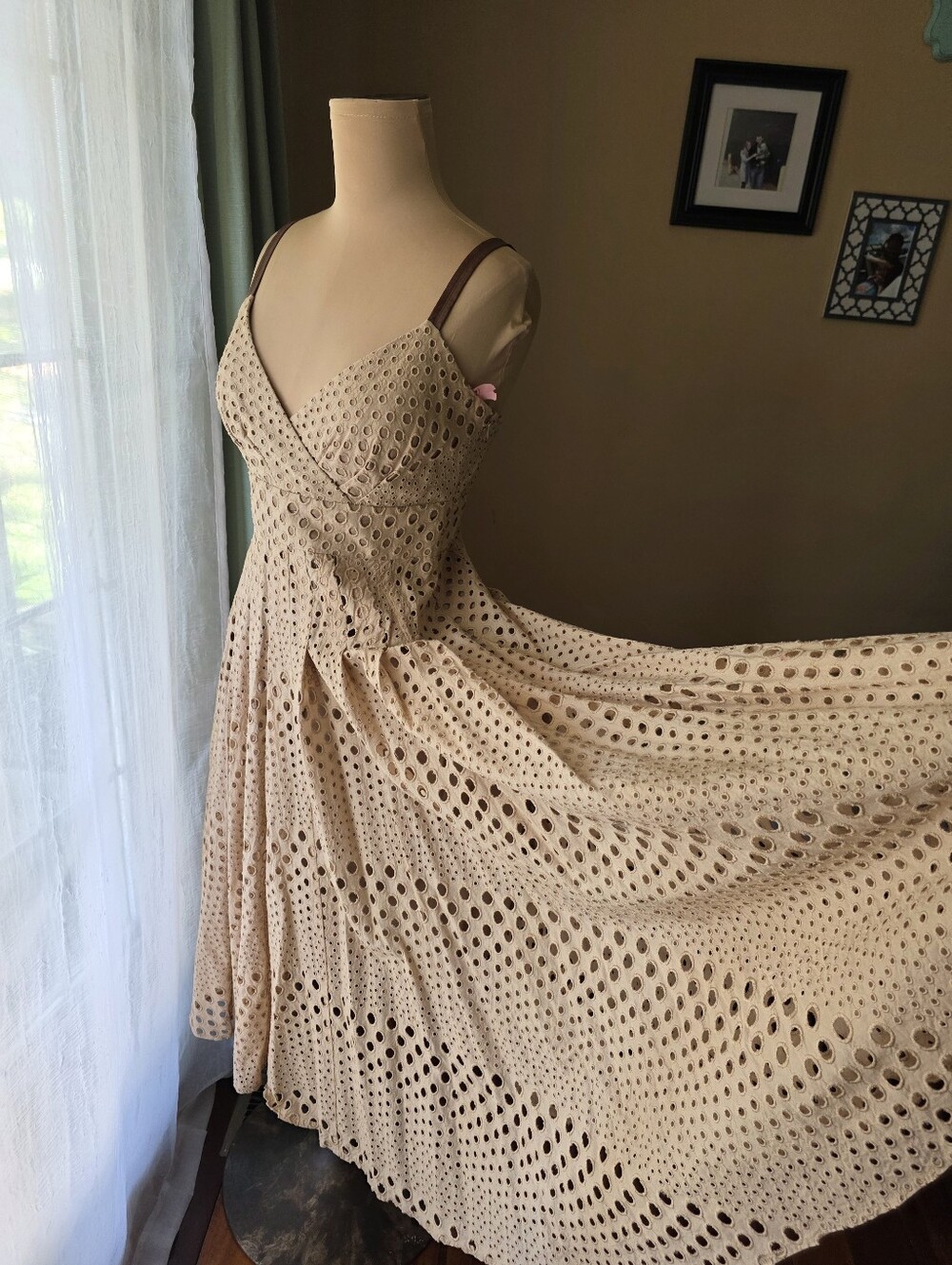 Boston Proper Muse Beige Eyelet Lace Cotton Fit Flare Midi Dress Cami Straps 6